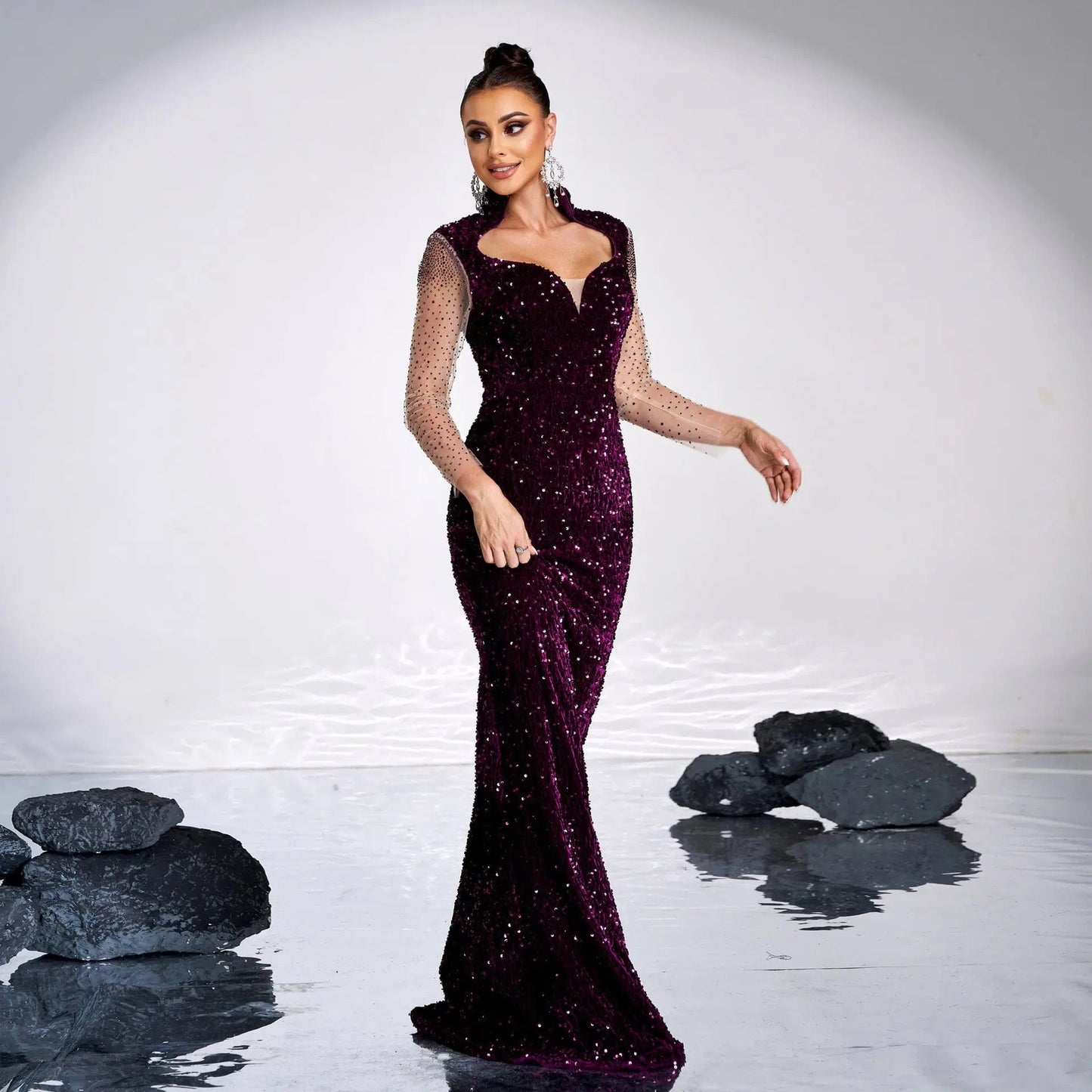 Saboor store Long Sleeve Square-neck Banquet Sequined Long Sleeve Square-neck Banquet Sequined Rhinestone Fishtail Dress