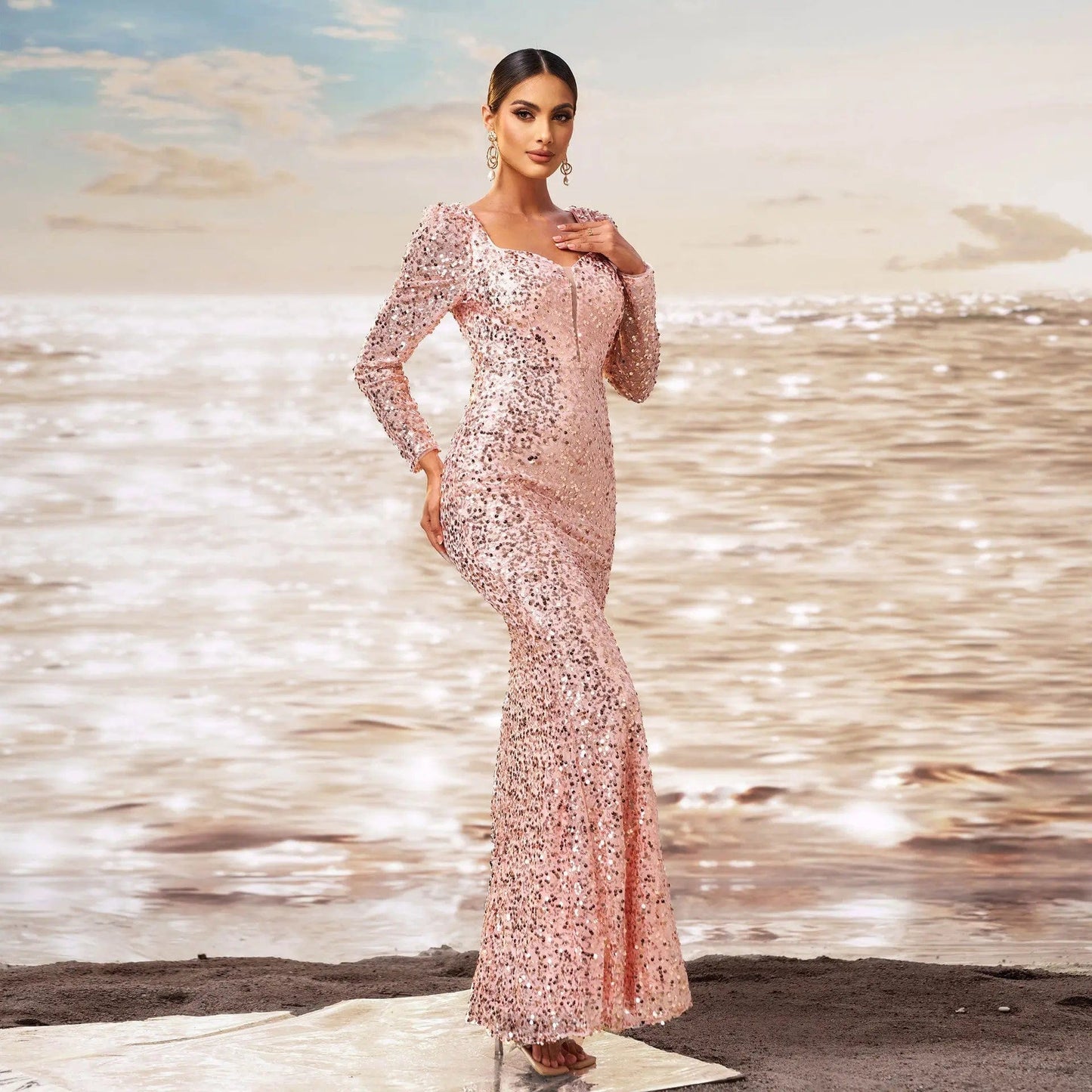 Saboor store Long Sleeve Square-neck Sequined Sheath Long Sleeve Square-neck Sequined Sheath Fishtail Evening Dress