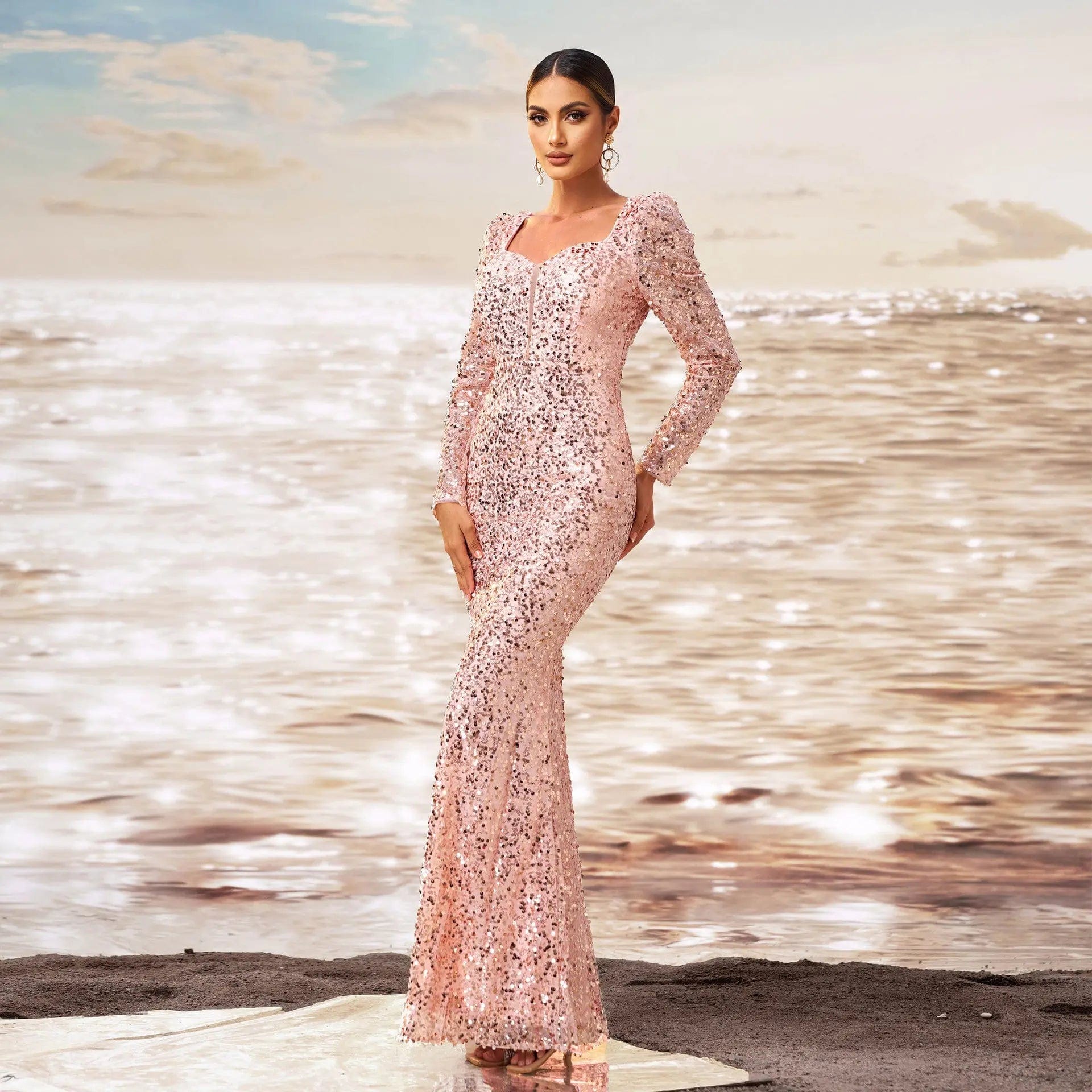 Saboor store Long Sleeve Square-neck Sequined Sheath Long Sleeve Square-neck Sequined Sheath Fishtail Evening Dress