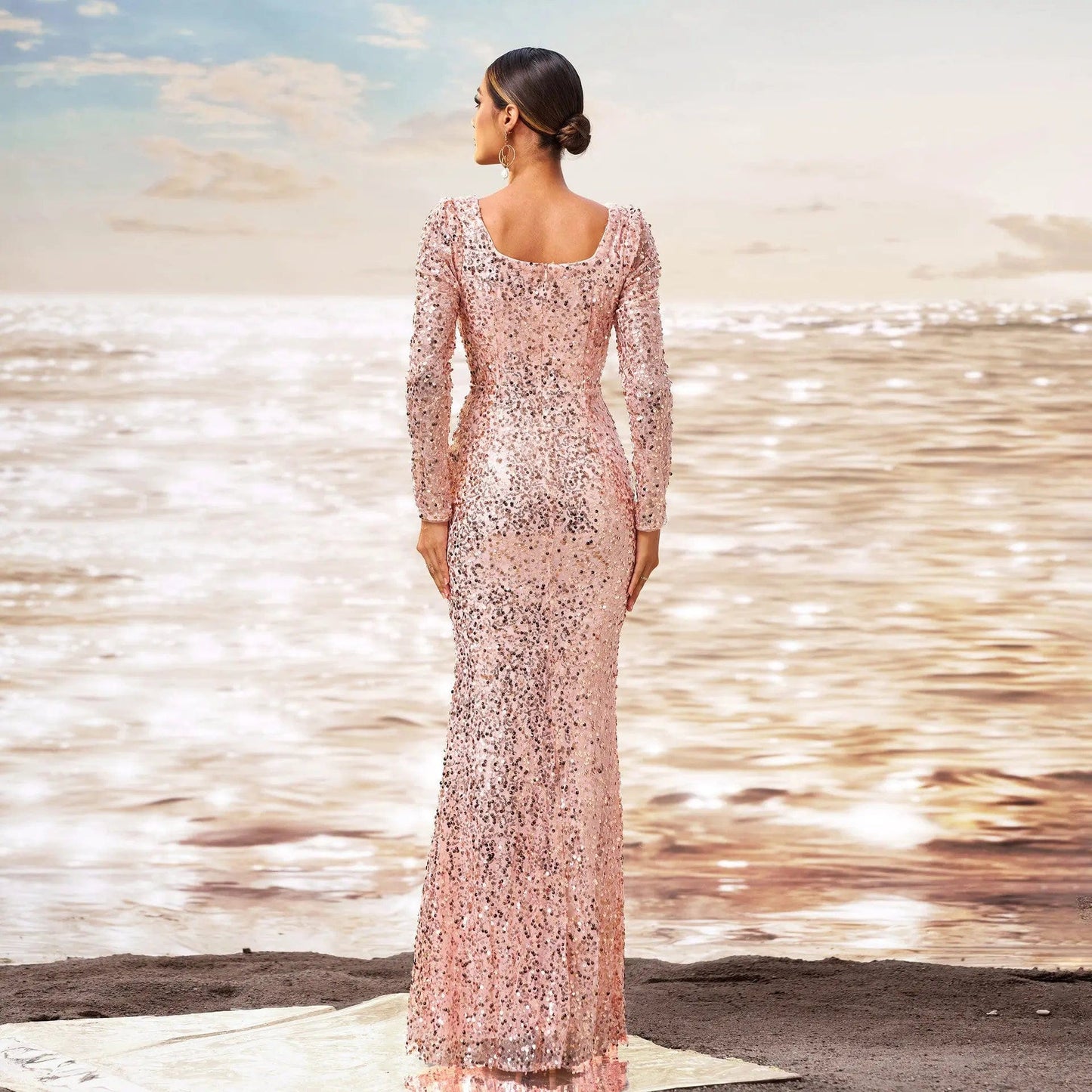 Saboor store Long Sleeve Square-neck Sequined Sheath Long Sleeve Square-neck Sequined Sheath Fishtail Evening Dress