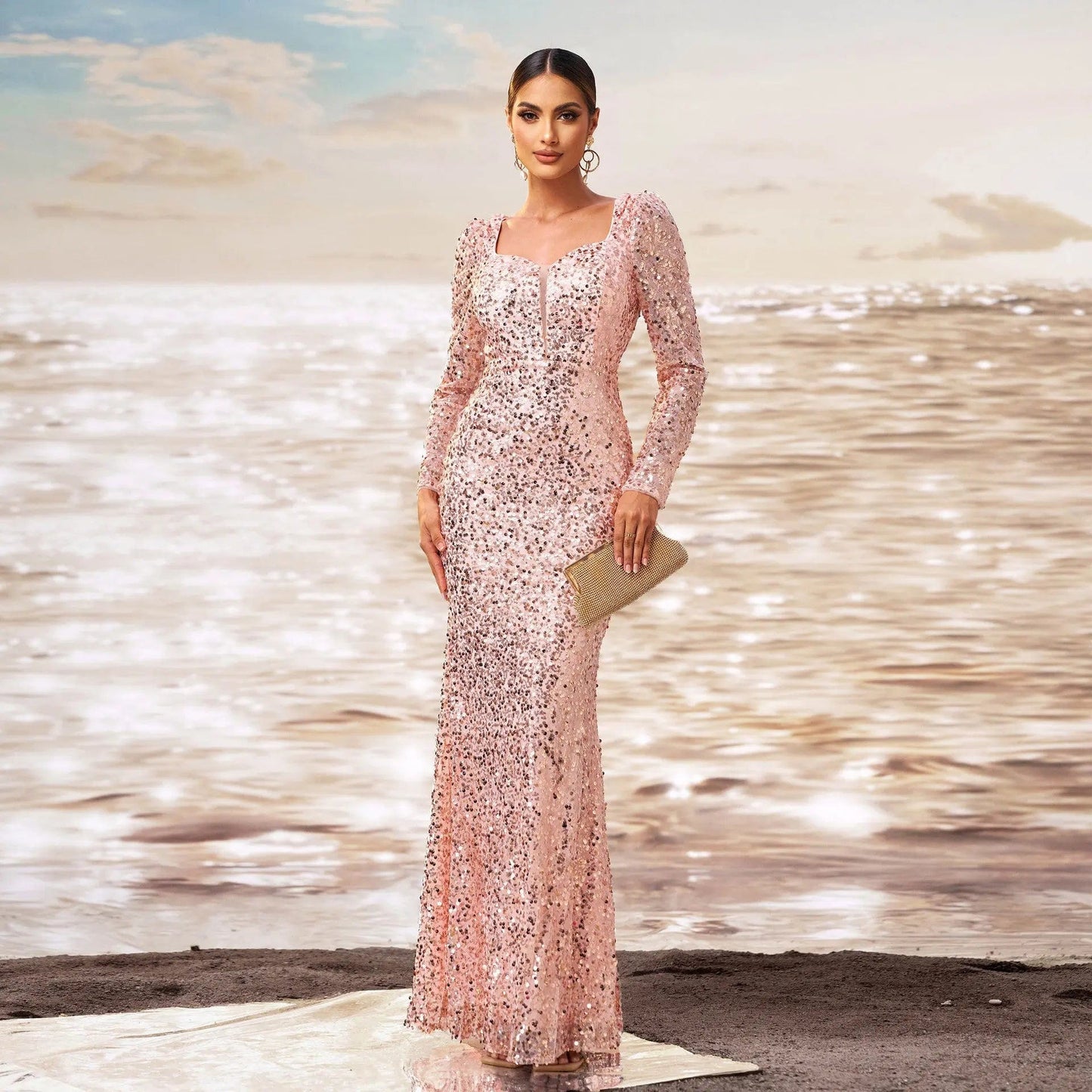 Saboor store Long Sleeve Square-neck Sequined Sheath Long Sleeve Square-neck Sequined Sheath Fishtail Evening Dress