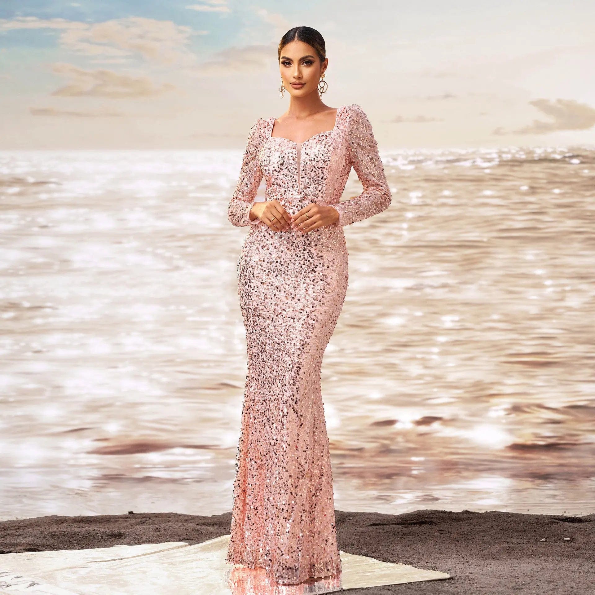 Saboor store Long Sleeve Square-neck Sequined Sheath Rose Gold / L Long Sleeve Square-neck Sequined Sheath Fishtail Evening Dress