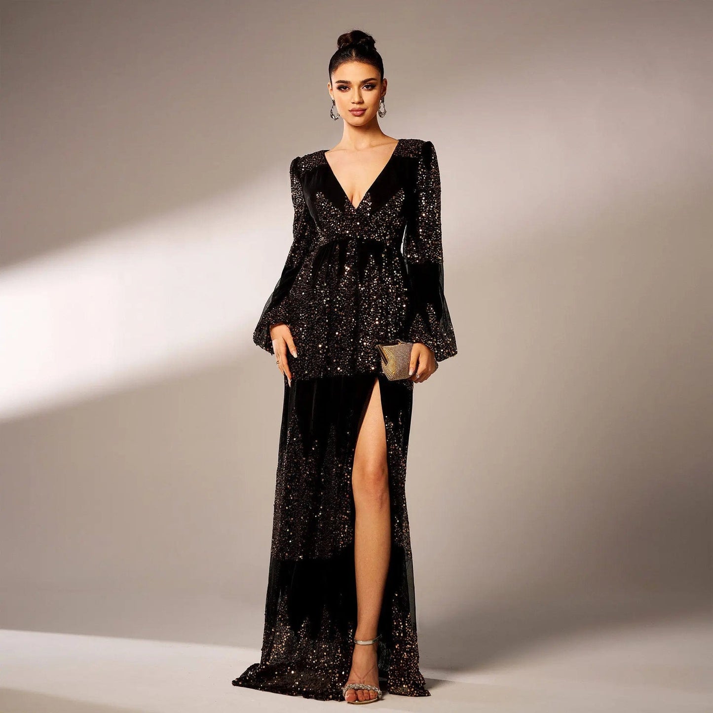 Saboor store Long Sleeve V-neck Sexy Long Sequined Ev Black Gold / L Long Sleeve V-neck Sexy Long Sequined Evening Dress