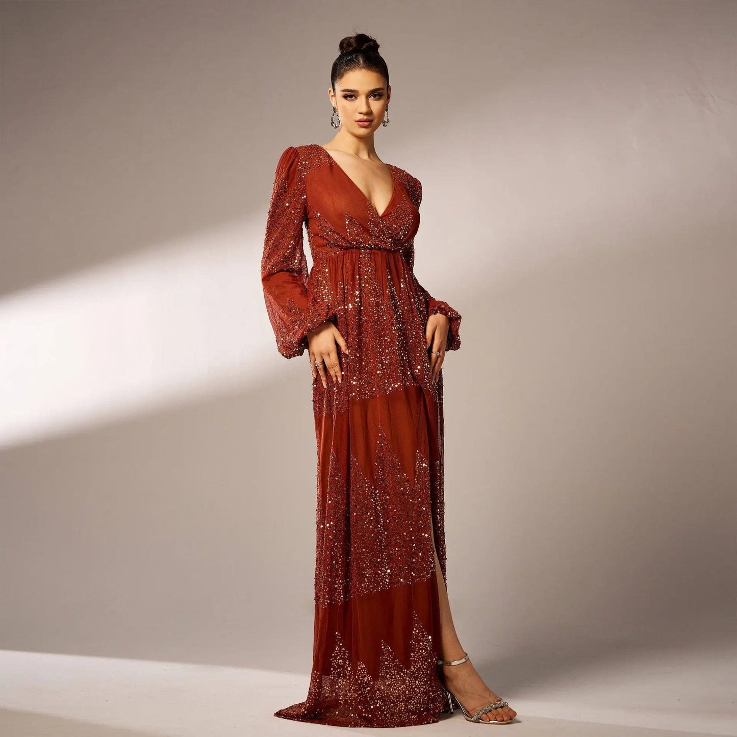 Saboor store Long Sleeve V-neck Sexy Long Sequined Ev Long Sleeve V-neck Sexy Long Sequined Evening Dress