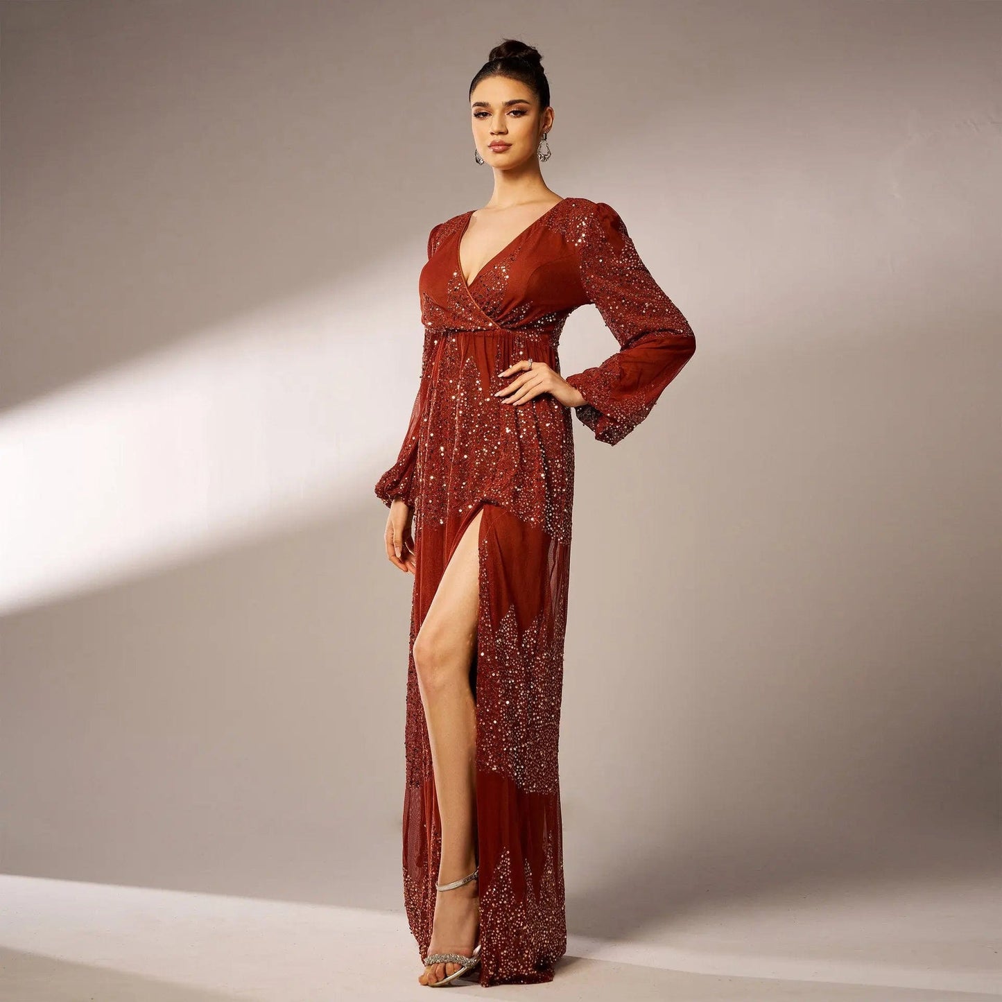 Saboor store Long Sleeve V-neck Sexy Long Sequined Ev Long Sleeve V-neck Sexy Long Sequined Evening Dress