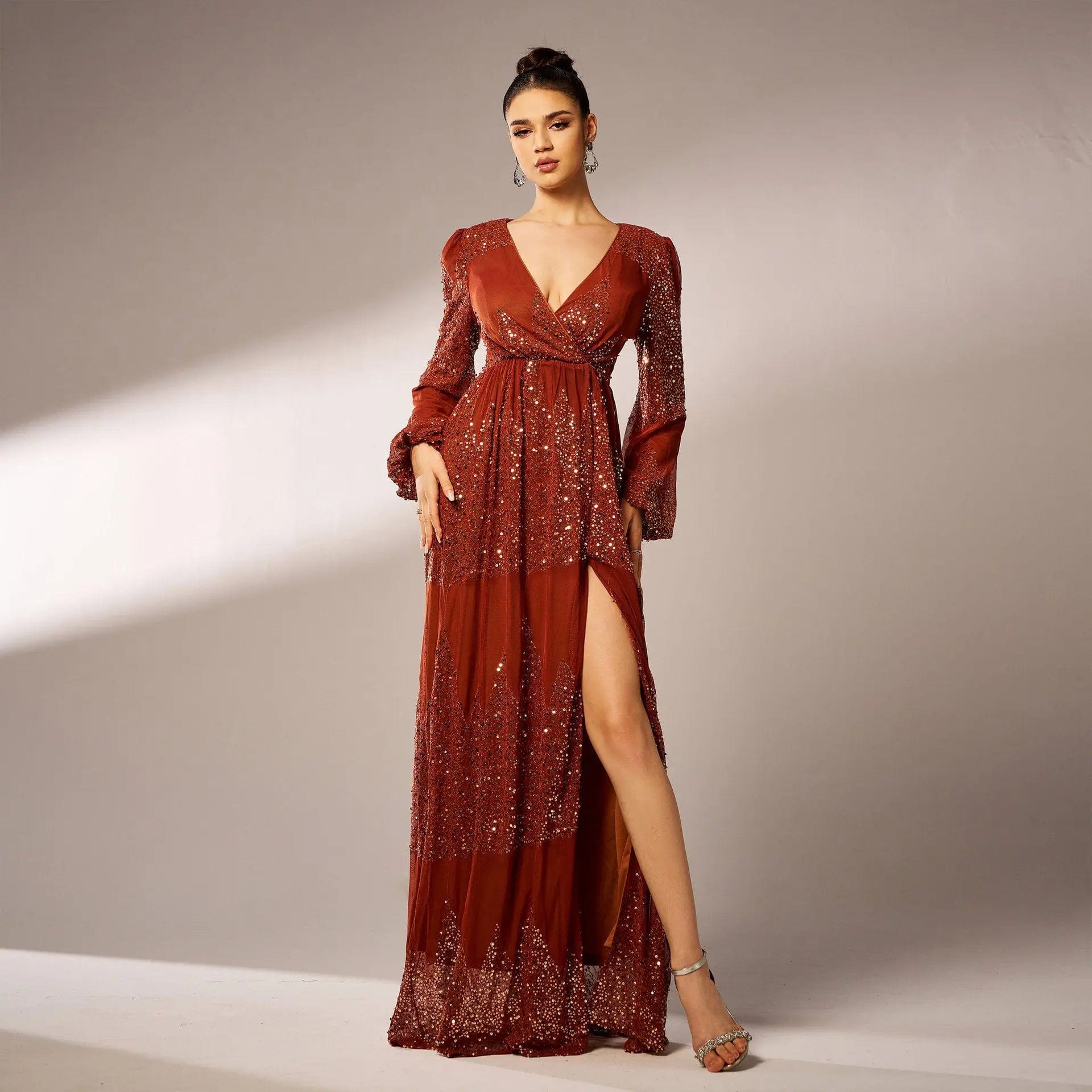 Saboor store Long Sleeve V-neck Sexy Long Sequined Ev Long Sleeve V-neck Sexy Long Sequined Evening Dress