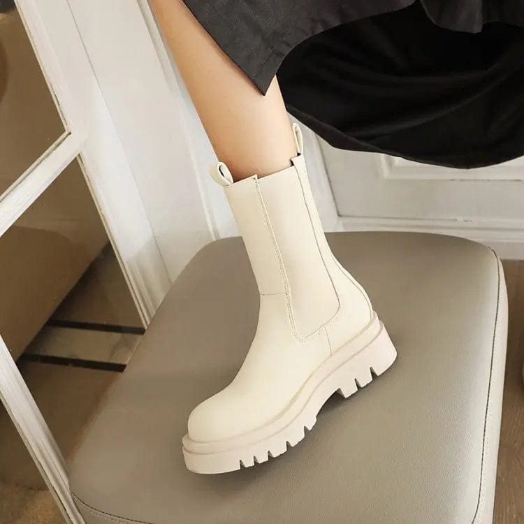 Saboor store Martin Fashion Platform Mid-calf Stretch White High Velvet Lining / 33 Martin Fashion Platform Mid-calf Stretch Boots