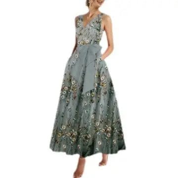 Saboor store  New Deep V-neck Sleeveless Flower Dress Slim Fit Large Swing Skirt