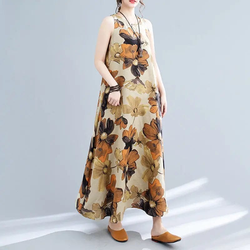 Saboor store New Simple Fashion Bohemian Maxi Dress S New Simple Fashion Bohemian Maxi Dress Sleeveless Round Neck Printed Dress Women