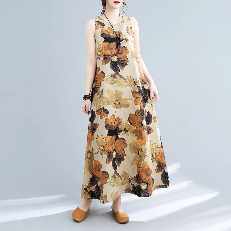 Saboor store New Simple Fashion Bohemian Maxi Dress S New Simple Fashion Bohemian Maxi Dress Sleeveless Round Neck Printed Dress Women