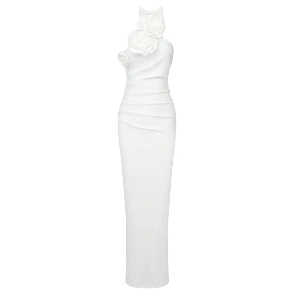 Saboor store New Style White Ribbon Flower Halter Lon White / L New Style White Ribbon Flower Halter Long High Sense Dress