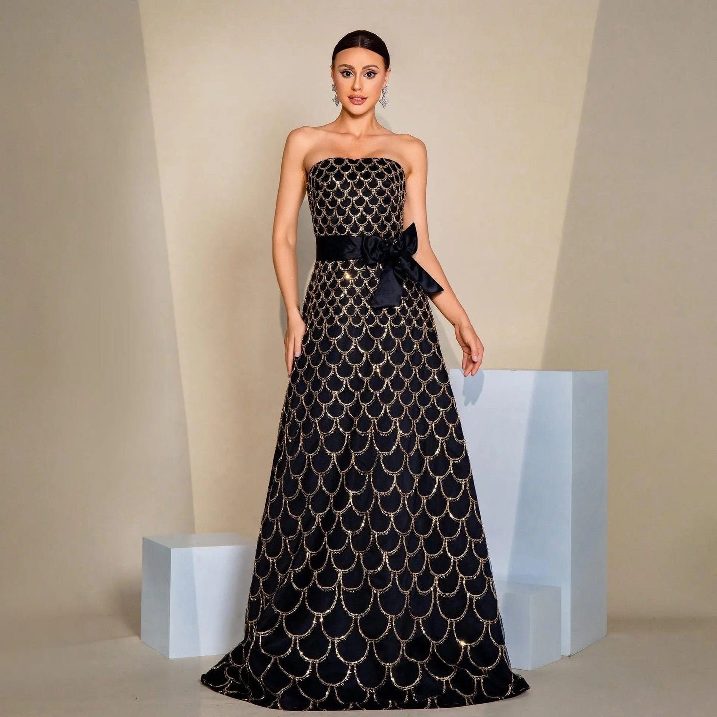 Saboor store Off-neck Wrapped Chest Nipped-waist Larg Black / L Off-neck Wrapped Chest Nipped-waist Large Swing Sequined Evening Dress