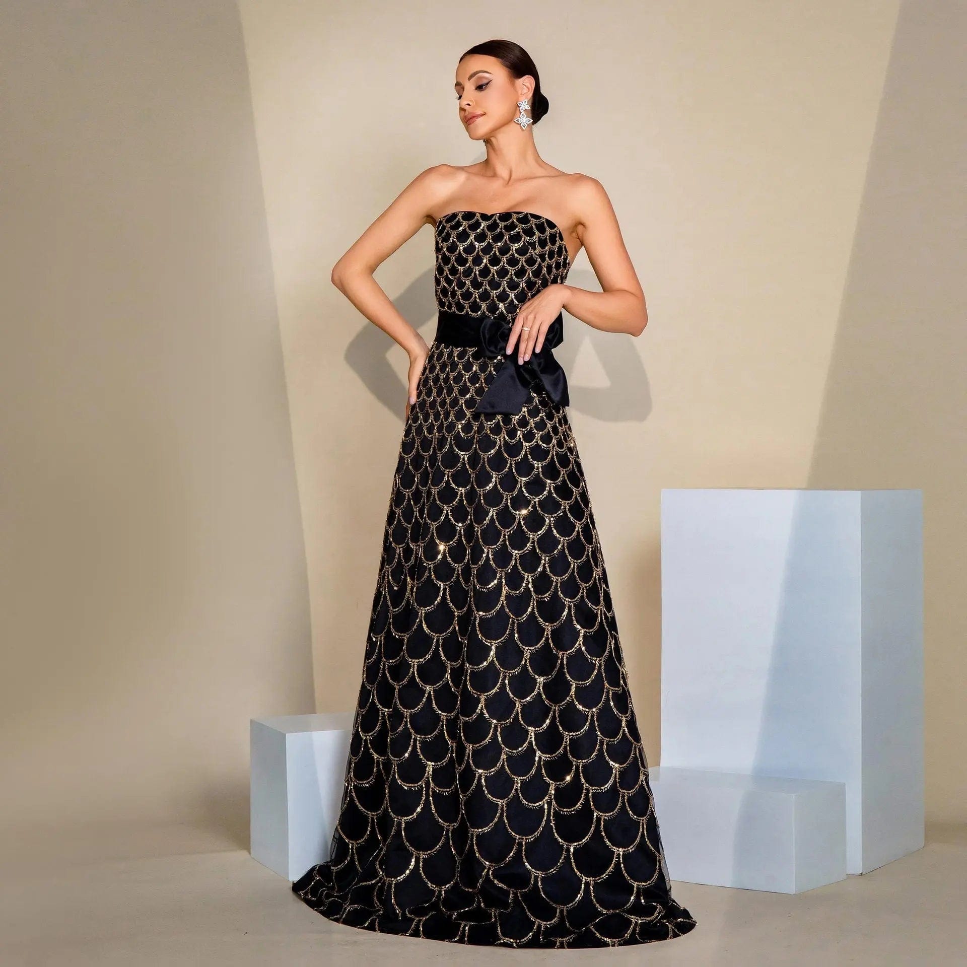 Saboor store Off-neck Wrapped Chest Nipped-waist Larg Off-neck Wrapped Chest Nipped-waist Large Swing Sequined Evening Dress