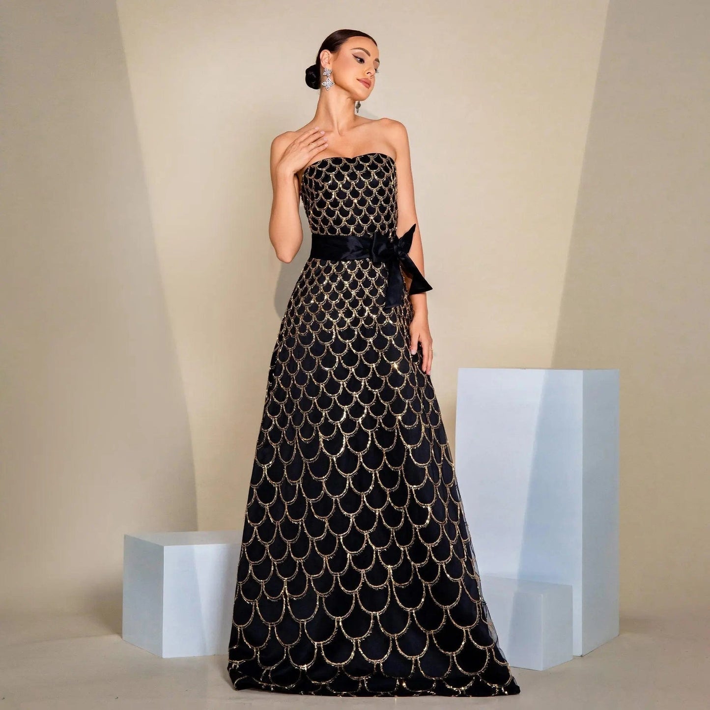 Saboor store Off-neck Wrapped Chest Nipped-waist Larg Off-neck Wrapped Chest Nipped-waist Large Swing Sequined Evening Dress