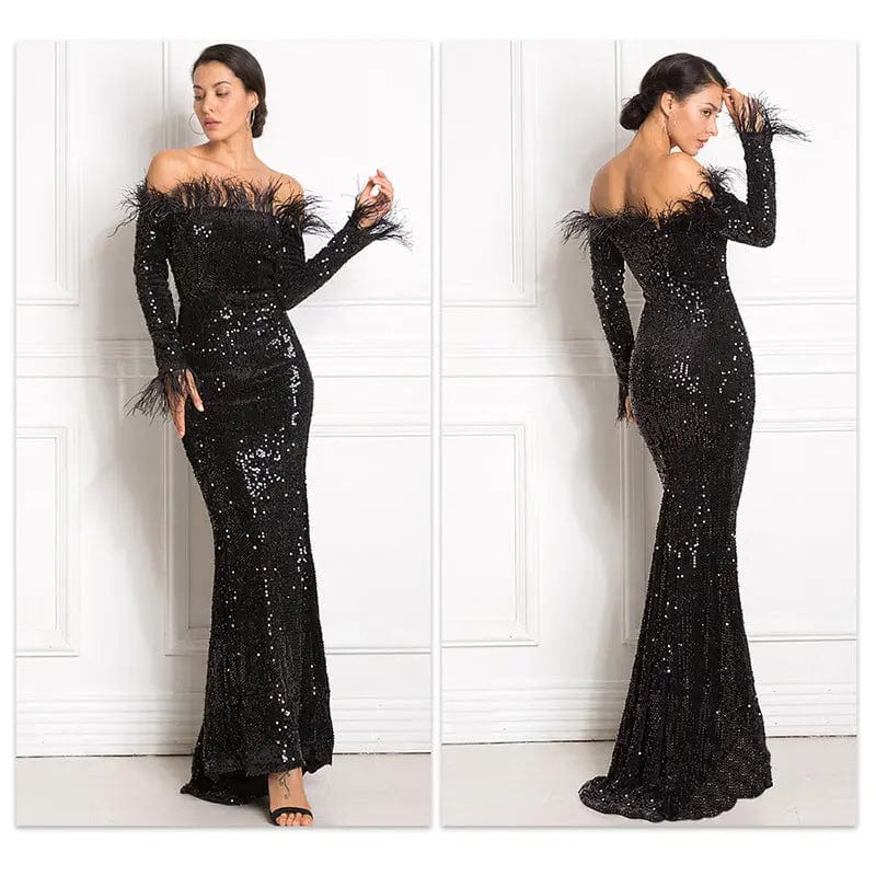 Saboor store Off-the-shoulder Fishtail Party Formal D Black / L Off-the-shoulder Fishtail Party Formal Dress