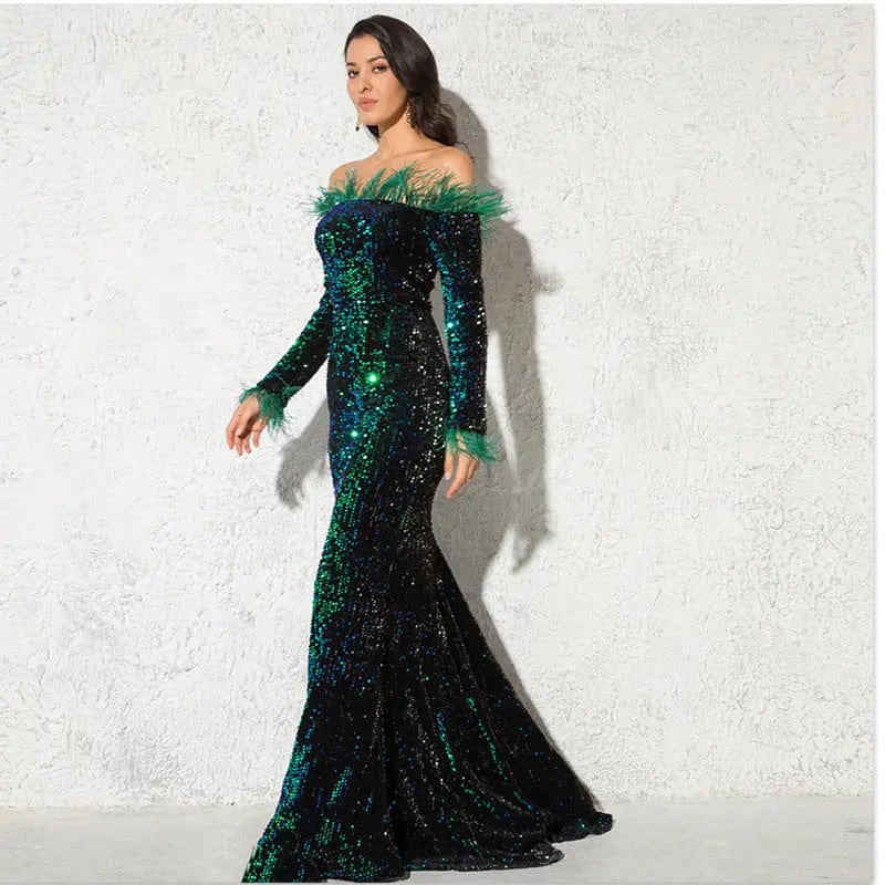 Saboor store Off-the-shoulder Fishtail Party Formal D Green / L Off-the-shoulder Fishtail Party Formal Dress