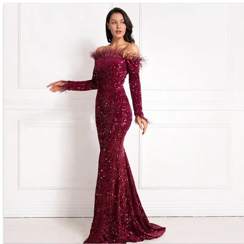 Saboor store Off-the-shoulder Fishtail Party Formal D Wine Red / L Off-the-shoulder Fishtail Party Formal Dress