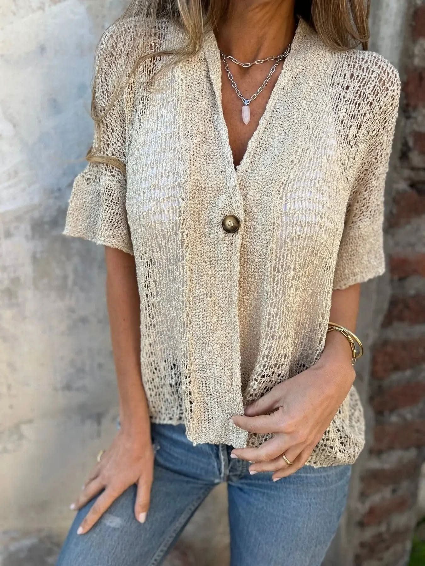 Saboor store  One Button Half Sleeve Hollow Out Knitted Cardigan Top Apricot / 2XL One Button Half Sleeve Hollow Out Knitted Cardigan Top