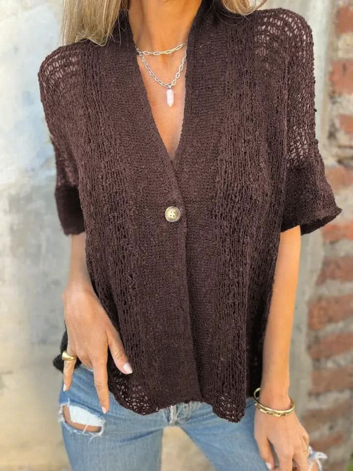 Saboor store  One Button Half Sleeve Hollow Out Knitted Cardigan Top Dark brown / 2XL One Button Half Sleeve Hollow Out Knitted Cardigan Top