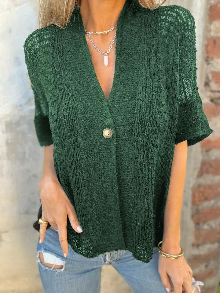 Saboor store  One Button Half Sleeve Hollow Out Knitted Cardigan Top Green / 2XL One Button Half Sleeve Hollow Out Knitted Cardigan Top