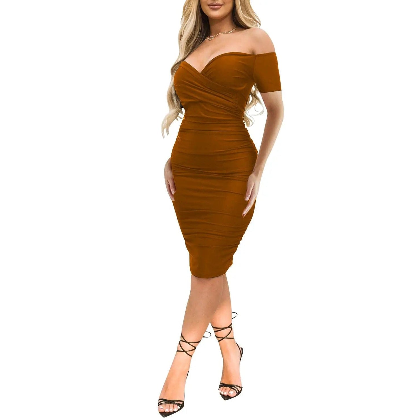 Saboor store  OS6984 Brown / 2XL Women's Sexy Nightclub Off-shoulder Short Sleeve Dress