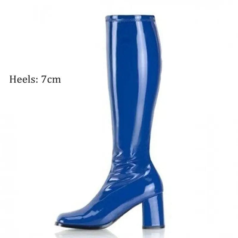 Saboor store Patent Leather Stretch Chunky Heel All-m Blue / 36 Patent Leather Stretch Chunky Heel All-matching Middle Boots