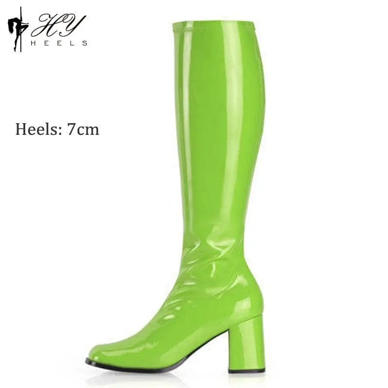 Saboor store Patent Leather Stretch Chunky Heel All-m Green / 36 Patent Leather Stretch Chunky Heel All-matching Middle Boots