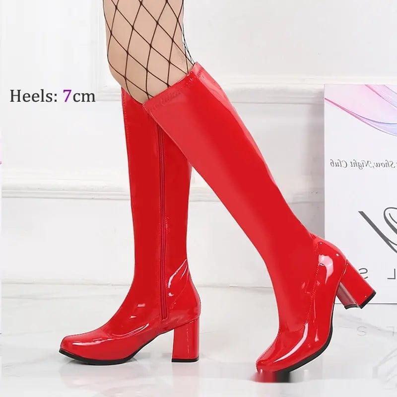 Saboor store Patent Leather Stretch Chunky Heel All-m Patent Leather Stretch Chunky Heel All-matching Middle Boots