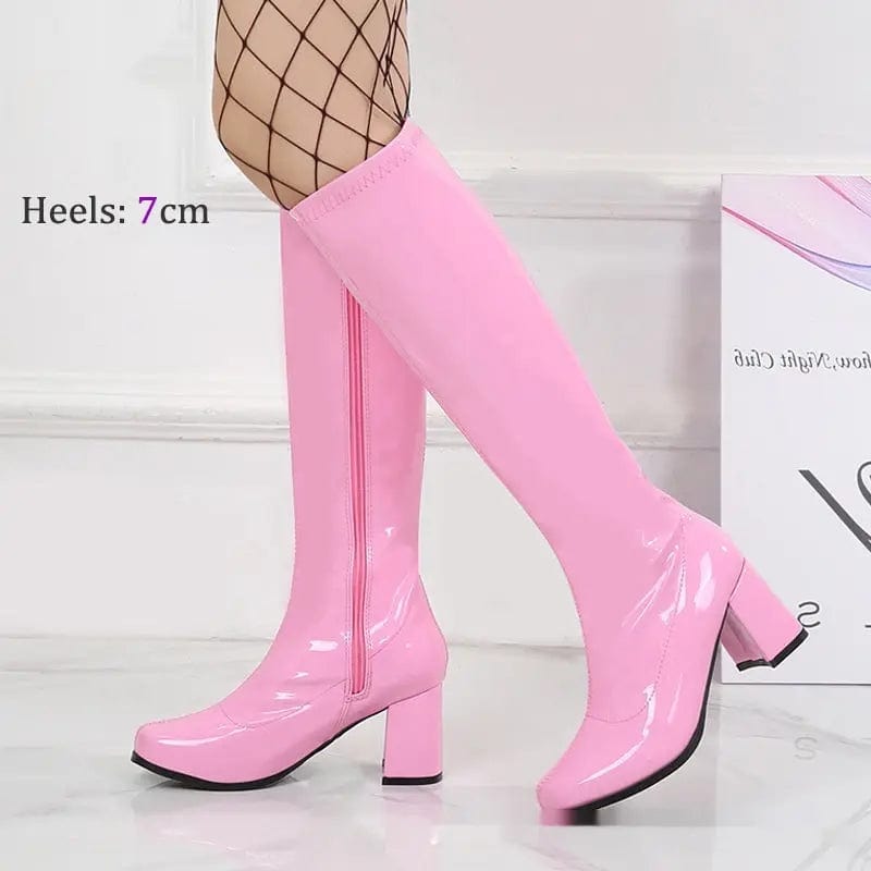 Saboor store Patent Leather Stretch Chunky Heel All-m Pink / 36 Patent Leather Stretch Chunky Heel All-matching Middle Boots