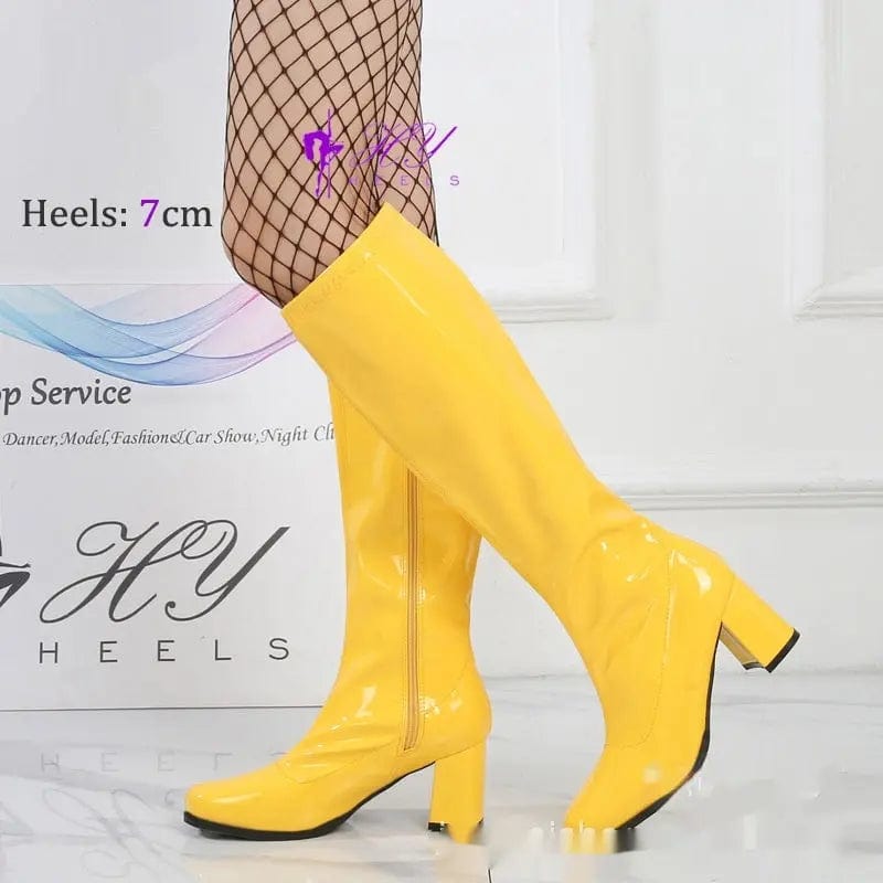 Saboor store Patent Leather Stretch Chunky Heel All-m Yellow / 36 Patent Leather Stretch Chunky Heel All-matching Middle Boots