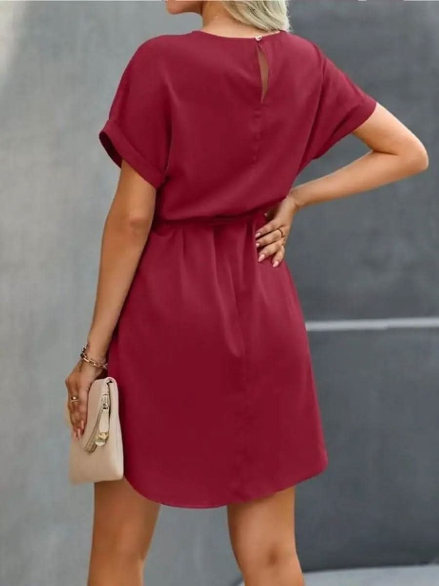 Saboor store  postpartum, high waist, belly shaping, tummy control, recovery, slimming, support, seamless, comfortable, breathable, stretchable, maternity, body shaper, smooth, firming, sculpting, undergarment, confidence, snug fit, everyday wear Wine Red / L Lace-up Waist Short Sleeve Satin Dress