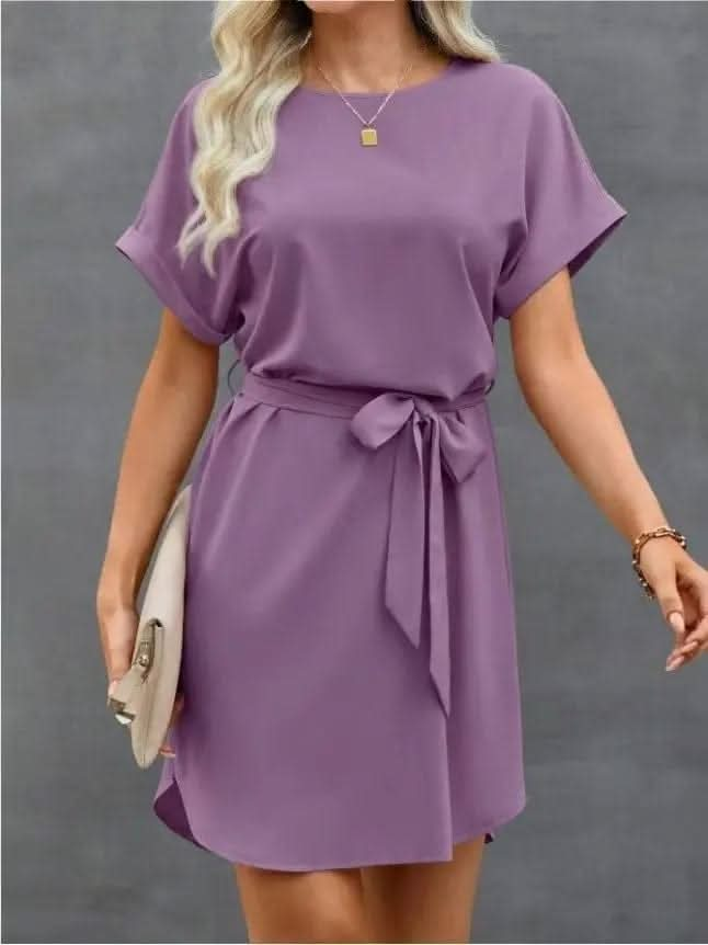 Saboor store  postpartum, high waist, belly shaping, tummy control, recovery, slimming, support, seamless, comfortable, breathable, stretchable, maternity, body shaper, smooth, firming, sculpting, undergarment, confidence, snug fit, everyday wear Purple / L Lace-up Waist Short Sleeve Satin Dress