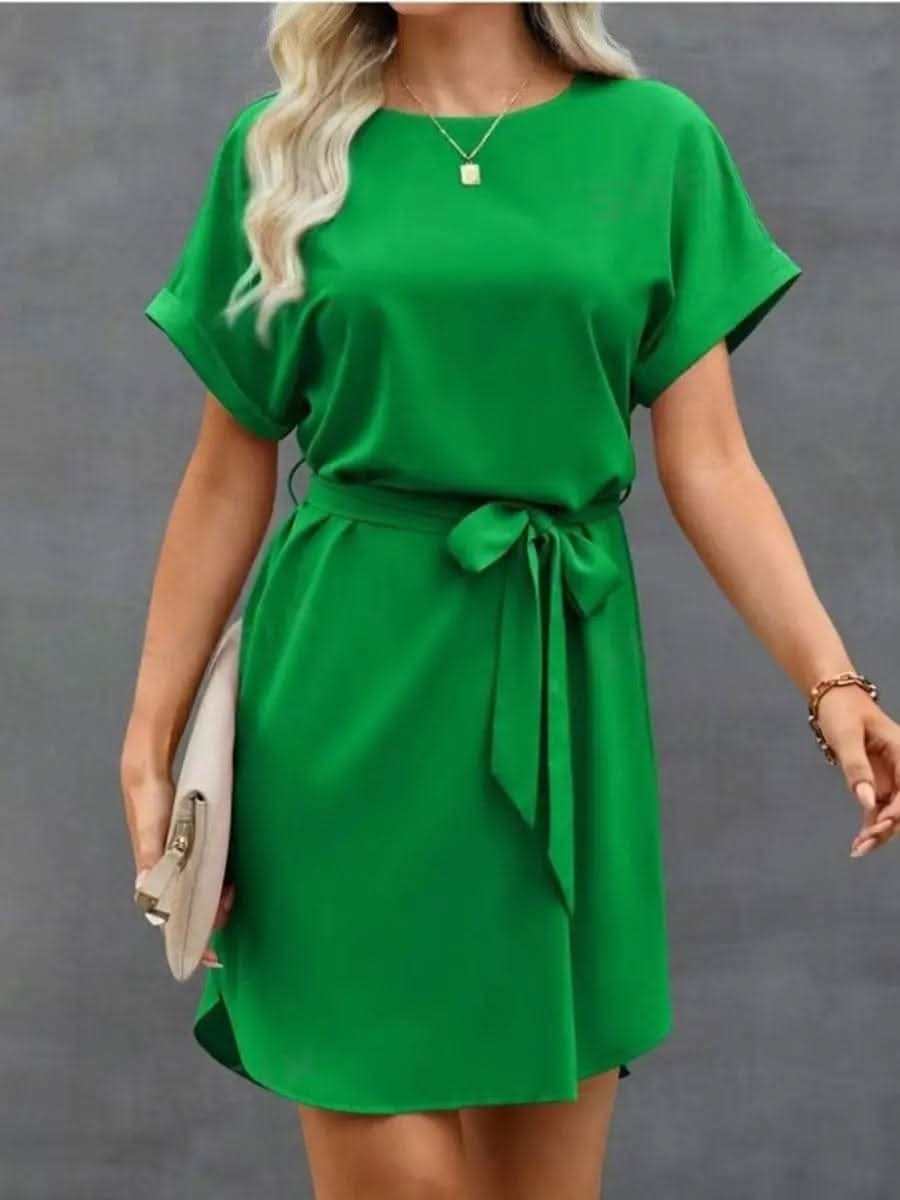 Saboor store  postpartum, high waist, belly shaping, tummy control, recovery, slimming, support, seamless, comfortable, breathable, stretchable, maternity, body shaper, smooth, firming, sculpting, undergarment, confidence, snug fit, everyday wear Green / L Lace-up Waist Short Sleeve Satin Dress