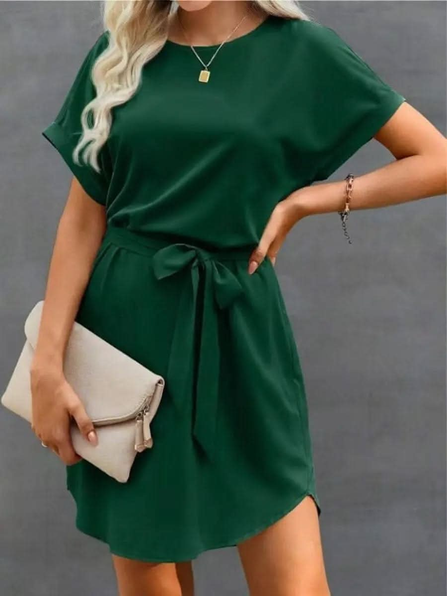 Saboor store  postpartum, high waist, belly shaping, tummy control, recovery, slimming, support, seamless, comfortable, breathable, stretchable, maternity, body shaper, smooth, firming, sculpting, undergarment, confidence, snug fit, everyday wear Dark Green / L Lace-up Waist Short Sleeve Satin Dress