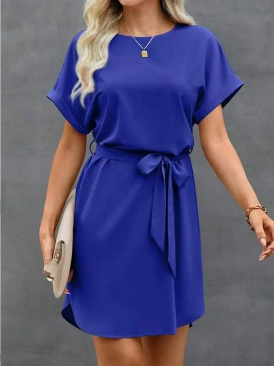 Saboor store  postpartum, high waist, belly shaping, tummy control, recovery, slimming, support, seamless, comfortable, breathable, stretchable, maternity, body shaper, smooth, firming, sculpting, undergarment, confidence, snug fit, everyday wear Blue / L Lace-up Waist Short Sleeve Satin Dress