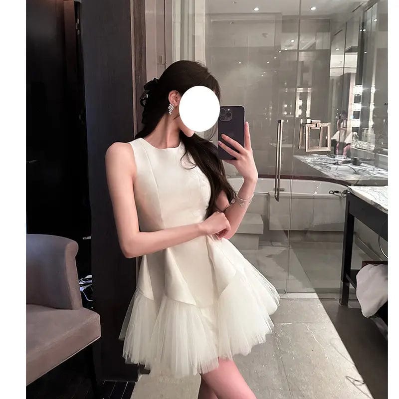 Saboor store Puff Mesh Stitching Pearlescent Dress White / L Puff Mesh Stitching Pearlescent Dress