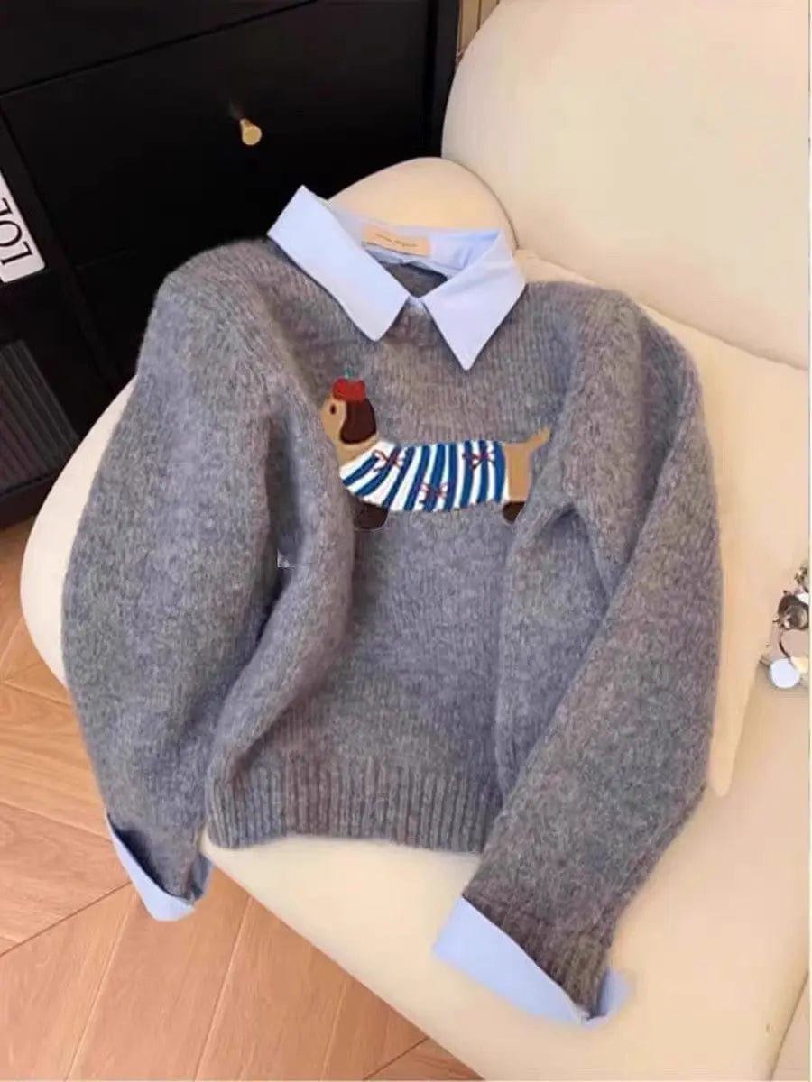 Saboor store  Puppy Cartoon Soft Glutinous Gray Fake Two Pieces Shirts Sweater Gray / L Puppy Cartoon Soft Glutinous Gray Fake Two Pieces Shirts Sweater