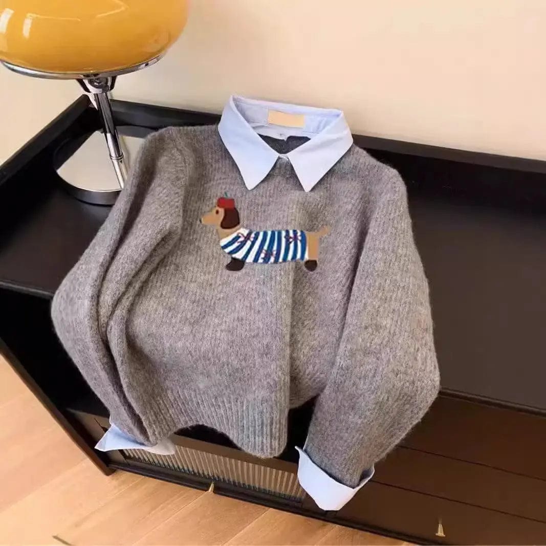 Saboor store  Puppy Cartoon Soft Glutinous Gray Fake Two Pieces Shirts Sweater Puppy Cartoon Soft Glutinous Gray Fake Two Pieces Shirts Sweater