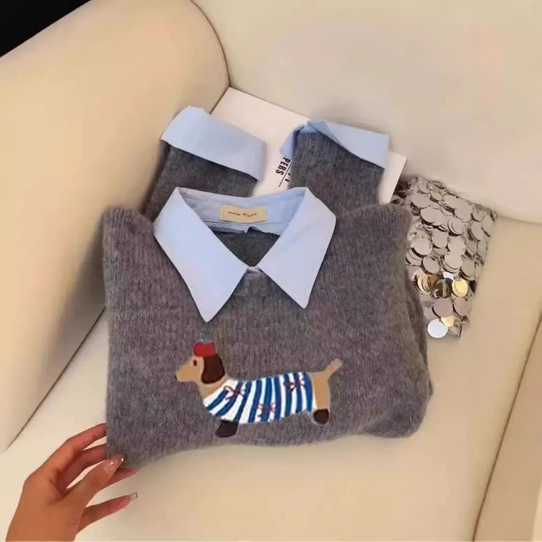 Saboor store  Puppy Cartoon Soft Glutinous Gray Fake Two Pieces Shirts Sweater Puppy Cartoon Soft Glutinous Gray Fake Two Pieces Shirts Sweater