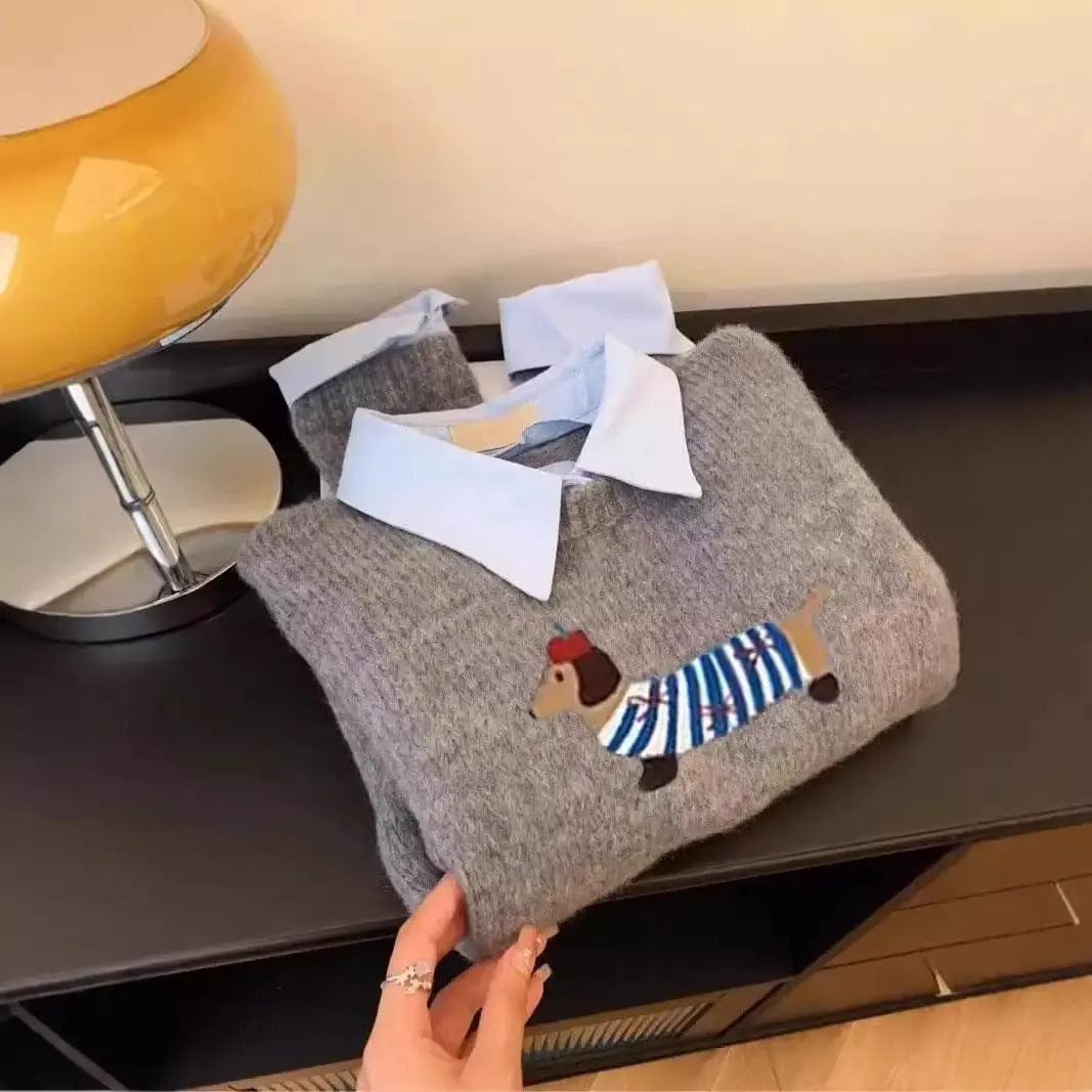 Saboor store  Puppy Cartoon Soft Glutinous Gray Fake Two Pieces Shirts Sweater Puppy Cartoon Soft Glutinous Gray Fake Two Pieces Shirts Sweater