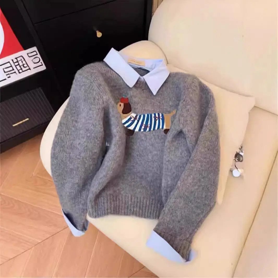 Saboor store  Puppy Cartoon Soft Glutinous Gray Fake Two Pieces Shirts Sweater Puppy Cartoon Soft Glutinous Gray Fake Two Pieces Shirts Sweater