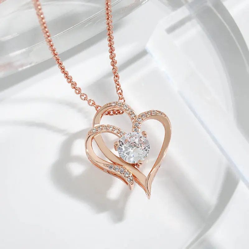 Saboor store  Rose Gold Necklace Zircon Double Love Necklace With Rhinestones Ins Personalized Heart-shaped Necklace Clavicle Chain Jewelry For Women Valentine's Day