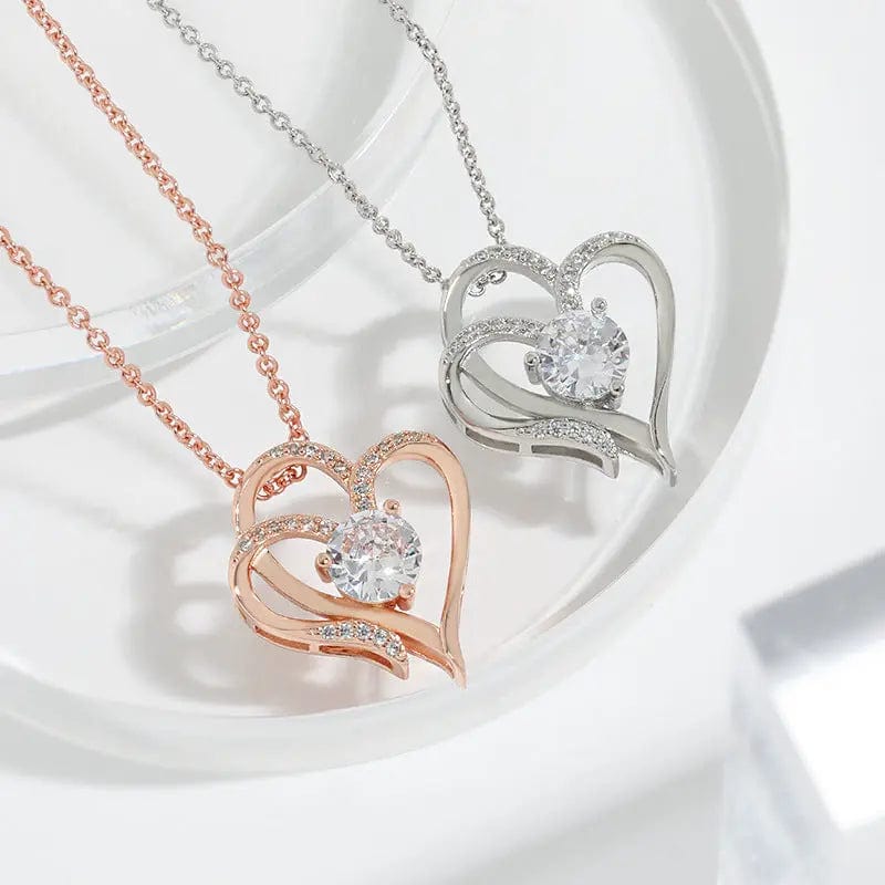 Saboor store  Rose Gold Necklace Zircon Double Love Necklace With Rhinestones Ins Personalized Heart-shaped Necklace Clavicle Chain Jewelry For Women Valentine's Day