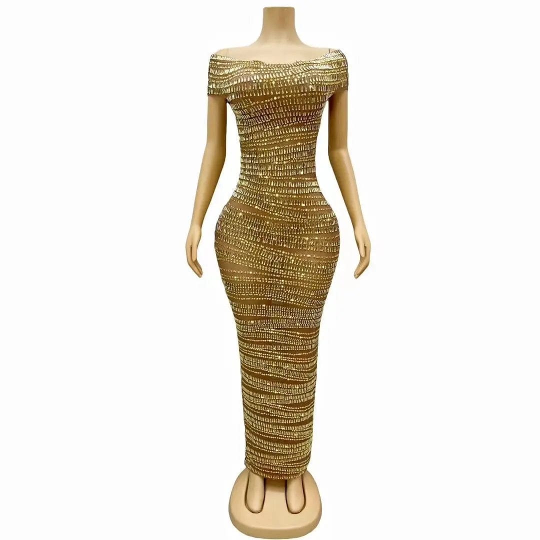 Saboor store Sexy Luxury Shiny Rhinestone Dress Perfo Gold / L Sexy Luxury Shiny Rhinestone Dress Performance Costume Party Evening Dress