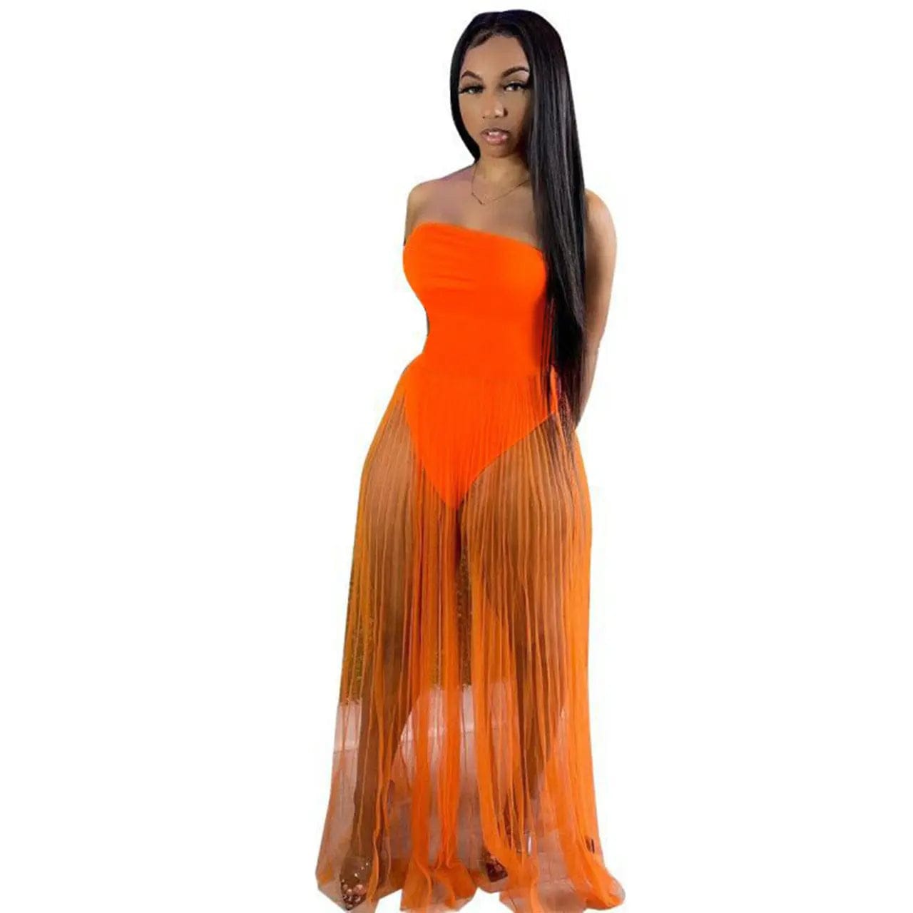 Saboor store Sexy Mesh See-through Dress With Wrapped Orange / 2XL Sexy Mesh See-through Dress With Wrapped Chest