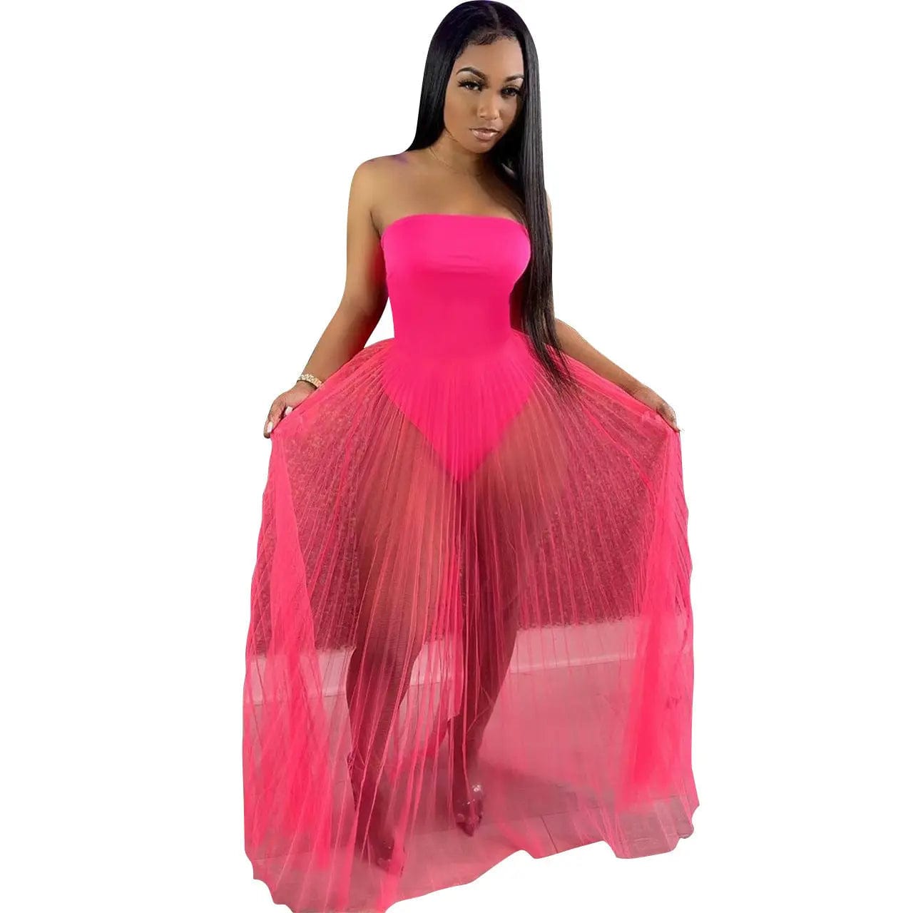 Saboor store Sexy Mesh See-through Dress With Wrapped Rose Red / 2XL Sexy Mesh See-through Dress With Wrapped Chest