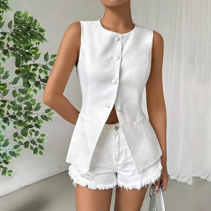 Saboor store  Sleeveless Button Round Neck Elegant Vest Sleeveless Button Round Neck Elegant Vest