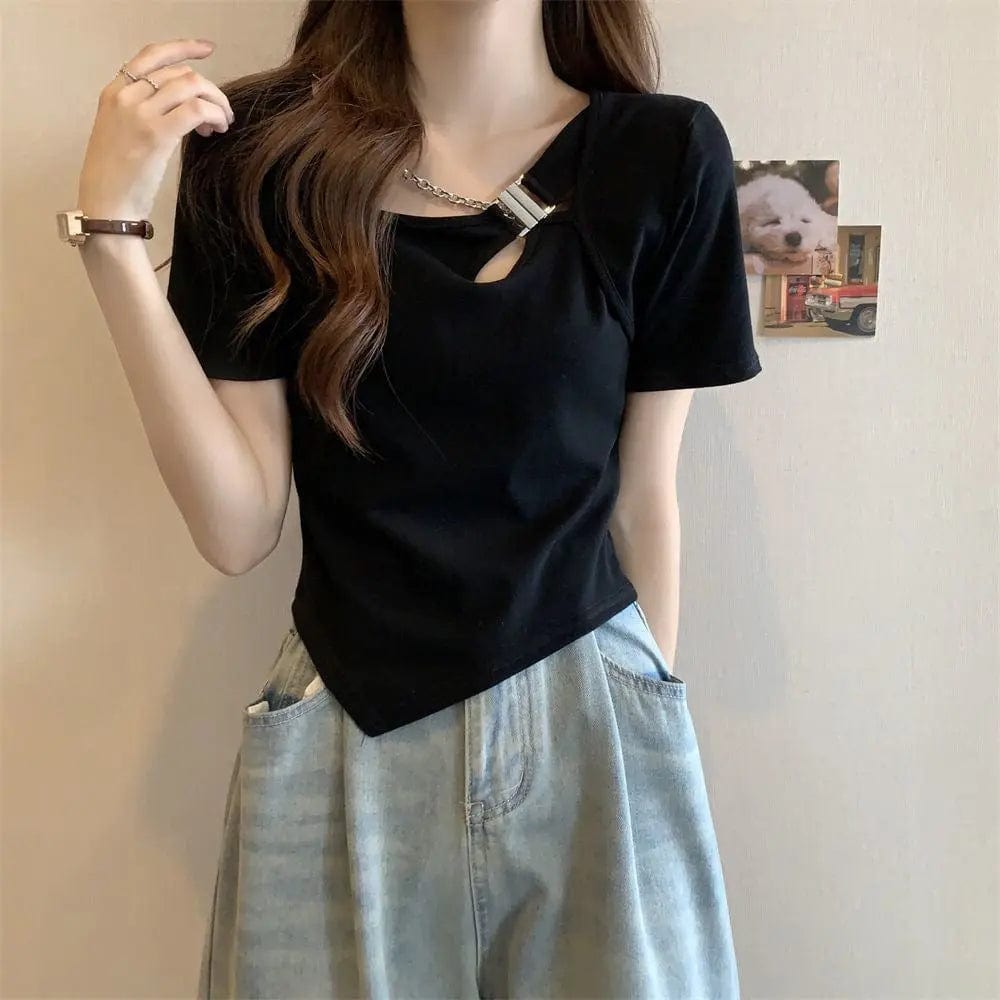 Saboor store  Slim Fit And Thin Cover Belly Hot Girl Irregular Short-sleeved T-shirt For Women Black / L Slim Fit And Thin Cover Belly Hot Girl Irregular Short-sleeved T-shirt For Women