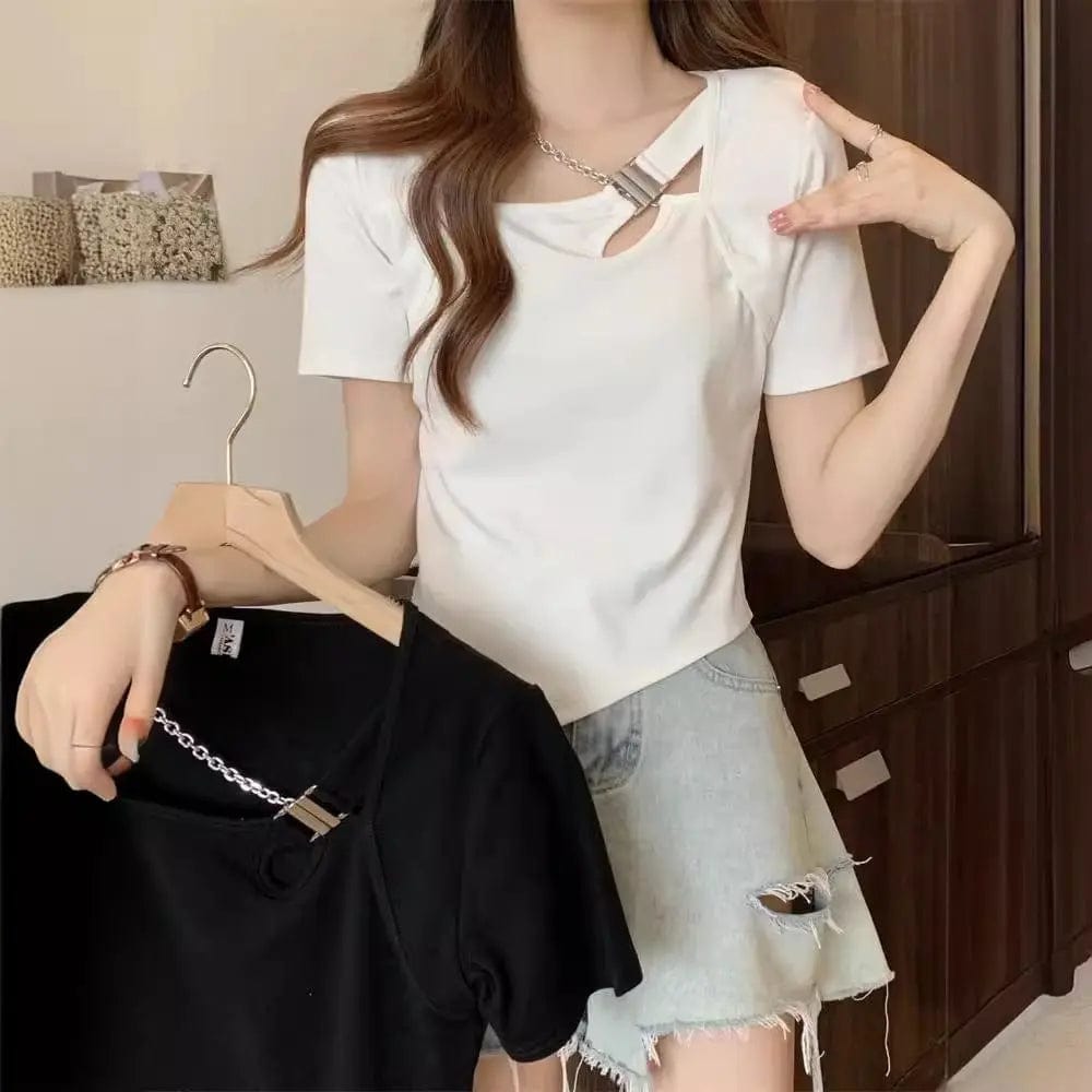 Saboor store  Slim Fit And Thin Cover Belly Hot Girl Irregular Short-sleeved T-shirt For Women Slim Fit And Thin Cover Belly Hot Girl Irregular Short-sleeved T-shirt For Women