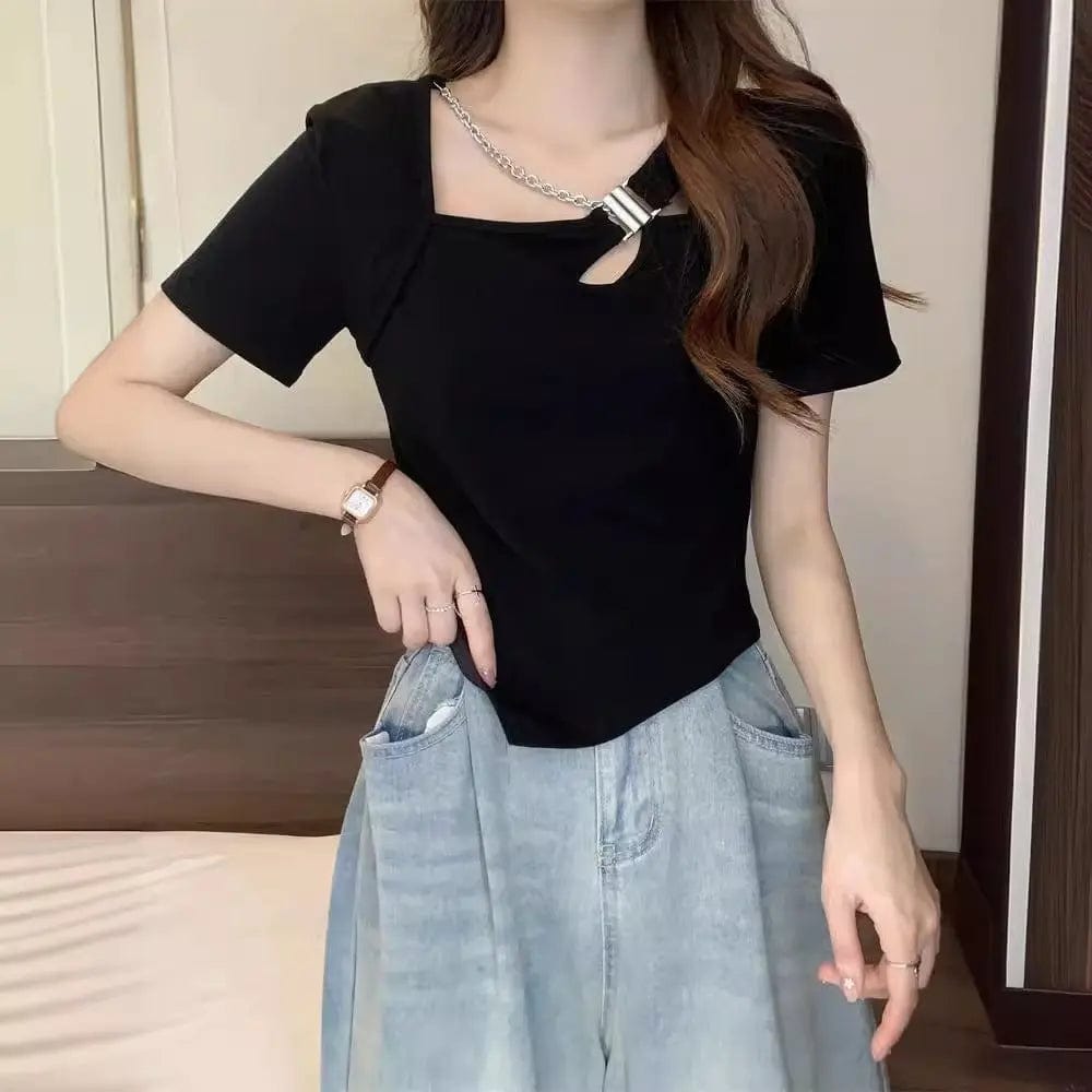 Saboor store  Slim Fit And Thin Cover Belly Hot Girl Irregular Short-sleeved T-shirt For Women Slim Fit And Thin Cover Belly Hot Girl Irregular Short-sleeved T-shirt For Women